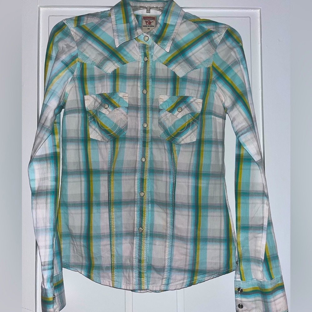 True Religion Women's Plaid Button-Down Shirt in Teal, Yellow, White